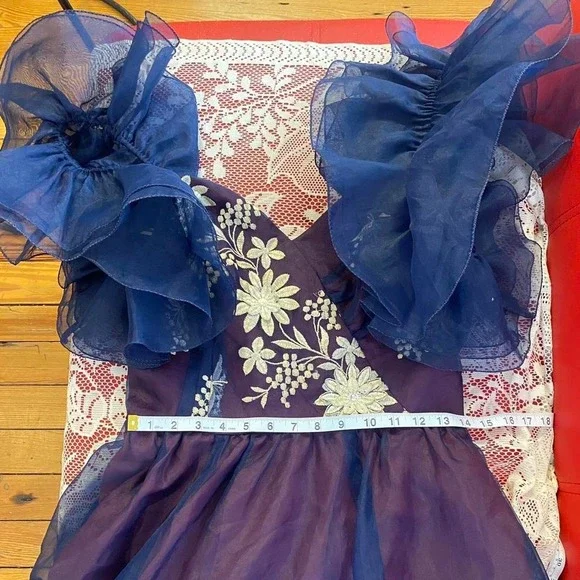 Vintage Navy Purple Organza Prom Gown Embroidered Ruffle Off Shoulder Dress Sz S - Picture 8 of 8